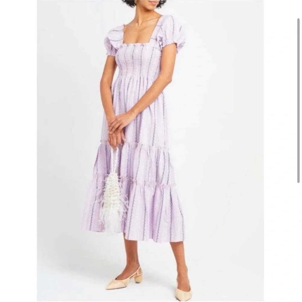 NWT O.PT. Serenette Square Neck Smocked
Gingham Midi Dress Sz M purple pink - Picture 2 of 11